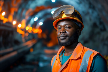 Male young African mine worker wearing protective at coal mine or mining. Stock photography