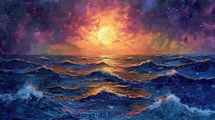 Fototapeta premium Impasto, starry sky and sea, a singular of texture and depth, capturing the ethereal beauty and mystique of celestial bodies reflected in the vastness of the ocean.