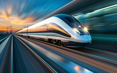 sleek maglev trains running towards the horizon