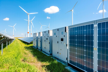 Modern battery energy storage system with wind turbines and solar in grass fields