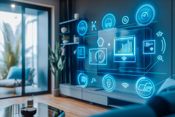 Modern home with smart speakers lights and thermostat all connected and controlled through a single device, Smart Home and automation concept