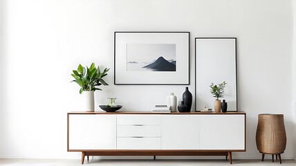  Wooden cabinet and accessories decor in living room interior on empty white wall background 