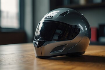 Futuristic motorcycle helmet on the table