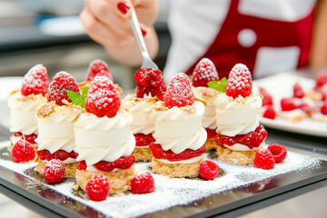 Pastry chef is completing a dessert in a hotel or restaurant kitchen
