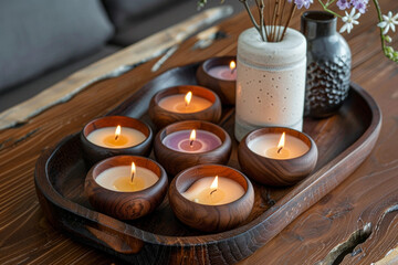 Aromatic candles arranged on a wooden tray