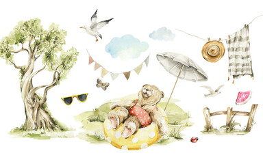 Watercolor nursery summer forest landscape. Hand painted set of cute animal, bear character, baby toys, clouds, sunny grass, tree, garland. Illustration for baby shower design, kids print, posters