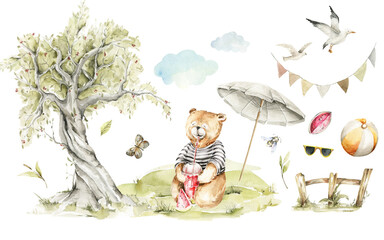 Watercolor nursery summer forest landscape. Hand painted set of cute animal, bear character, baby toys, clouds, sunny grass, tree, garland. Illustration for baby shower design, kids print, posters