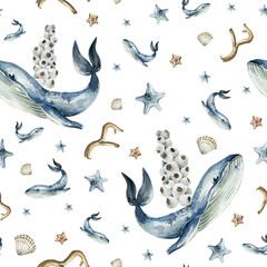Watercolor seamless sea pattern. Endless pattern with underwater world, ocean whale, seastar, shells. Underwater background. Cute baby pattern for fabric, clothing, textiles © 60seconds