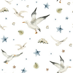 Obraz premium Watercolor seamless sea pattern. Endless pattern with underwater world, ocean shells, seastar, seagulls. Underwater nursery background. Cute baby pattern for fabric, clothing, textiles