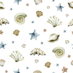 Watercolor seamless sea pattern. Endless pattern with underwater world, ocean shells, seastar. Underwater nursery background. Cute baby pattern for fabric, clothing, textiles