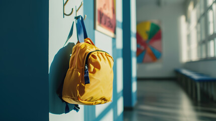 A middle school student's backpack hanging on a hook in a hallway