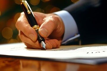 Closeup of a businessman's hand signing a contract with a fountain pen