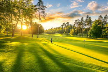 Fototapeta premium Professional male golfer wearing sport wear in golf tournament on beautiful green course
