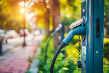 Public EV charging station for electric car at modern city residential area