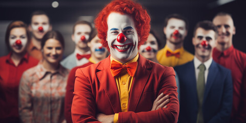 Business clown smiling with arms crossed with employees around him