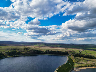 High Angle View of Most Beautiful British Landscape at Redmires Water Reservoirs over Hills of Sheffield City of England United Kingdom, April 30th, 2024
