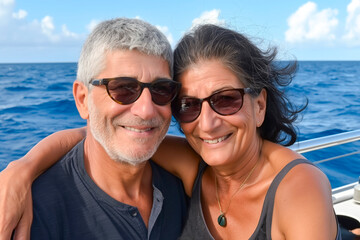 Senior couple sailing luxury yacht during their active retirement, Plan life insurance of happy...