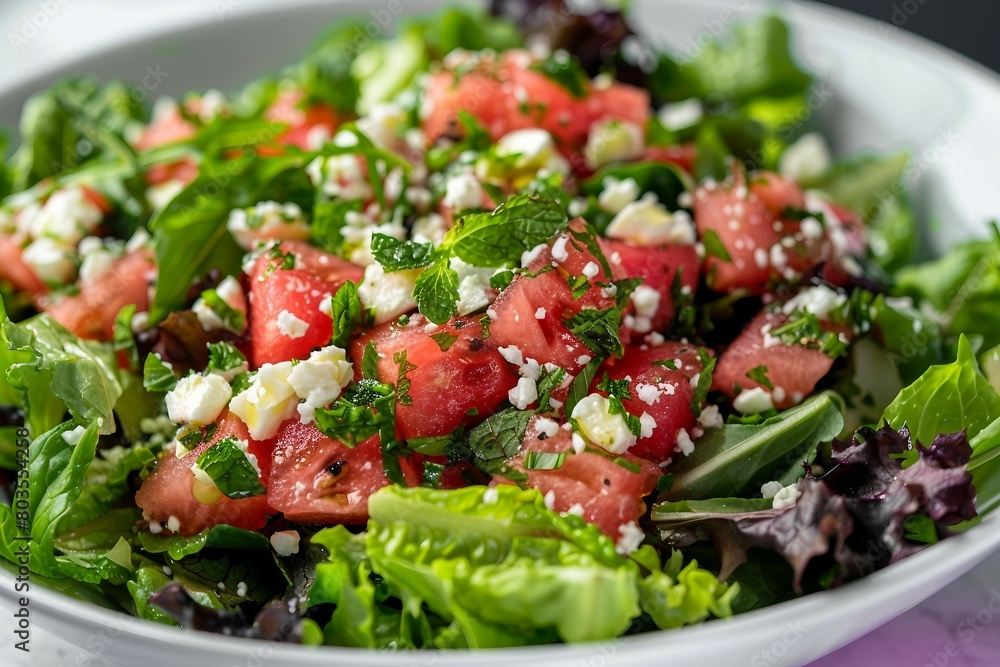 Wall mural a close-up image of a bowl filled with a vibrant salad consisting of diced tomatoes, mixed leafy gre