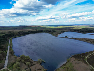 High Angle View of Most Beautiful British Landscape at Redmires Water Reservoirs over Hills of Sheffield City of England United Kingdom, April 30th, 2024