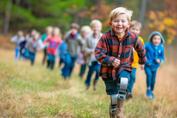 Smiling little boy with prosthetic leg running on field with his friends