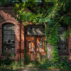 Decaying Beauty of a Vintage Brick Building Shrouded in Green Vines