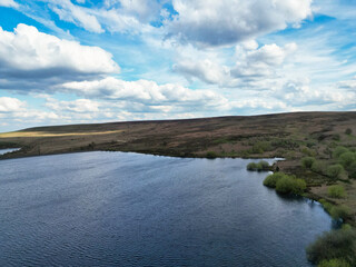 High Angle View of Most Beautiful British Landscape at Redmires Water Reservoirs over Hills of Sheffield City of England United Kingdom, April 30th, 2024
