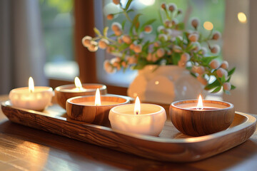 Aromatic candles arranged on a wooden tray