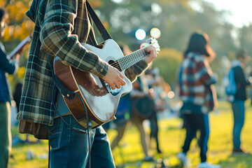 Young man playing guitar with friends attend a live music event concert in a park