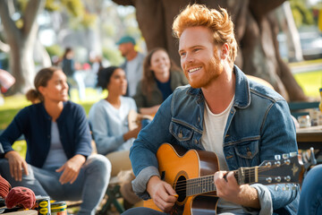 Young man playing guitar with friends attend a live music event concert in a park