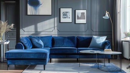 Modern blue velvet sofa in a luxurious dining and living space