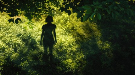 Silhouette of young attractive woman standing while the shadow merging in grass or nature. Beautiful energetic female shadow standing against calm green environment at garden or forest. AIG42.