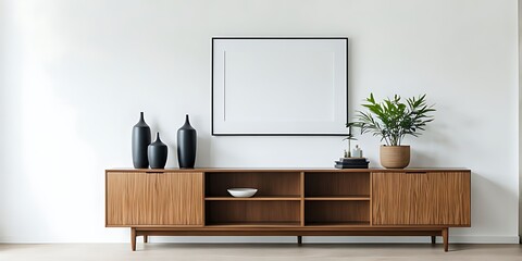  Wooden cabinet and accessories decor in living room interior on empty white wall background 