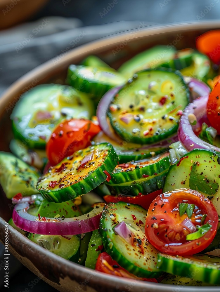 Wall mural a close-up shot of a refreshing cucumber tomato salad in a rustic bowl. the salad features thinly sl