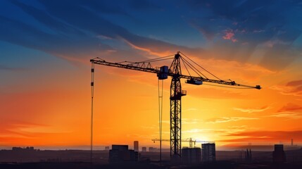 Dynamic image of a construction crane lifting materials at sunset, silhouette and sky gradient,