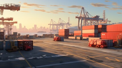 Deserted cargo handling area in a seaport, all machinery idle, late afternoon light,