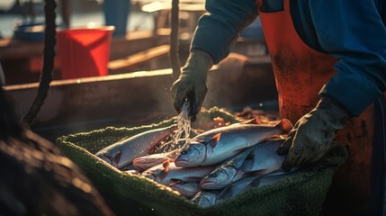 Fresh fish being sorted and prepared on a boat, hands-free image, - Powered by Adobe