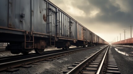 Fototapeta premium Quiet industrial rail siding, multiple empty cargo wagons, overcast sky,