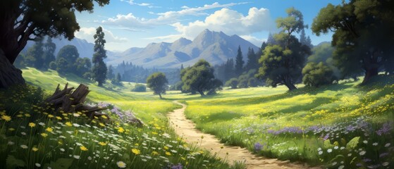 Obraz premium Quiet backcountry road with wildflowers and towering trees, soft light and no traffic,