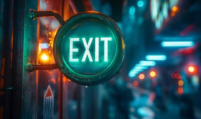 Illuminated exit sign on a wet surface with blurred neon lights in the background. Cyberpunk aesthetic and urban nightlife concept with copy space for design and print.