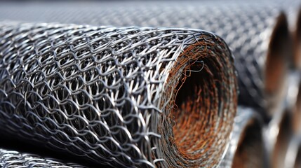 Rolled up wire mesh fencing at a construction site, focus on patterns and metallic texture,