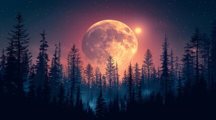 Fototapeta na wymiar Beautiful fantasy tropical in night skies with tree, and shining moon in beach view, night sky with moonlight between forest 
