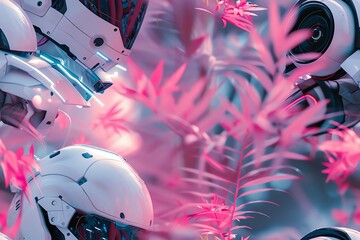 Capture a frontal view of futuristic scifi robotics amidst a utopian dreamscape