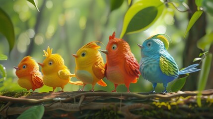 3D cartoon animation, xenopsaris birds, colorful