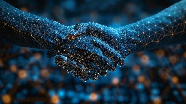 Digital wireframe handshaking image on blue background. Symbolic illustration of technology in corporate partnerships and network connections.