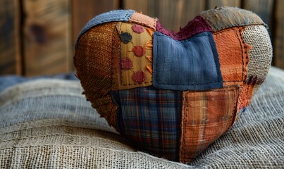 Handmade patchwork fabric heart cushion on burlap background. Arts and crafts concept. Home decoration and comfort item for design and print.