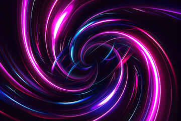 Futuristic abstract neon swirls with magenta and violet glowing streaks. Modern artwork on black background.