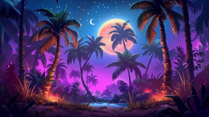 Fototapeta na wymiar Beautiful fantasy tropical in night skies with tree in beach view with palm tree, and shining moon, night sky with moonlight between forest 