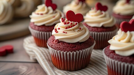 Red velvet cupcakes with cream cheese frosting and heart-shaped topper. Valentine's Day treat concept for design and print.