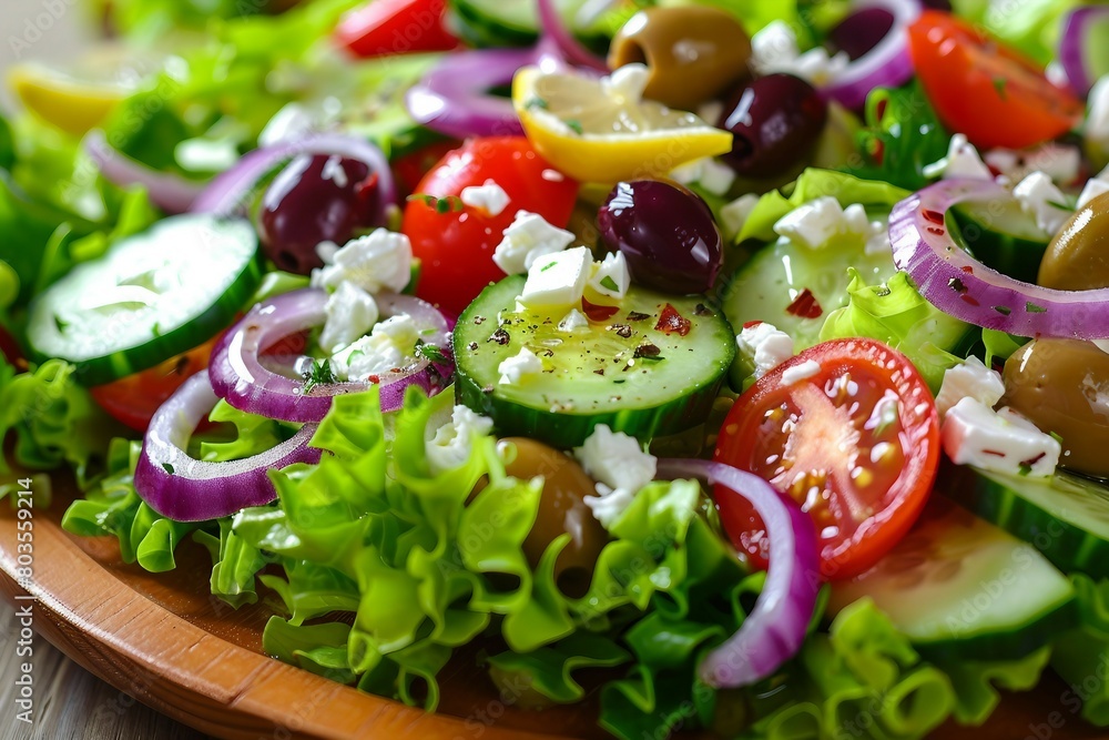 Wall mural A close-up image of a colorful Greek salad served on a plate.