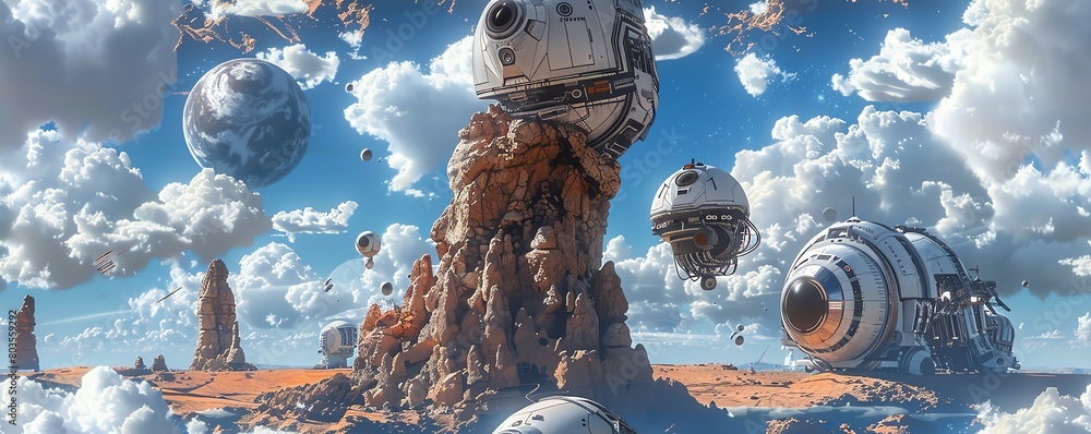 Poster capture the essence of the surrealist art movement through a low-angle view of robotic advancements
